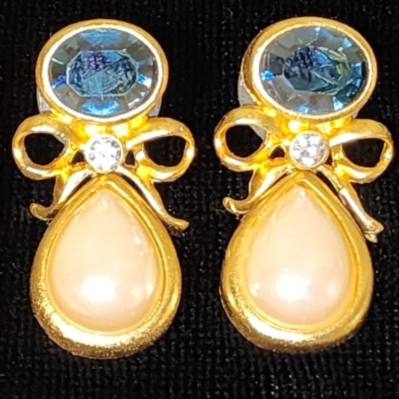 Vintage MFA Austrian Crystal Earrings II -Faux Pearl Drop - Picture 1 of 5